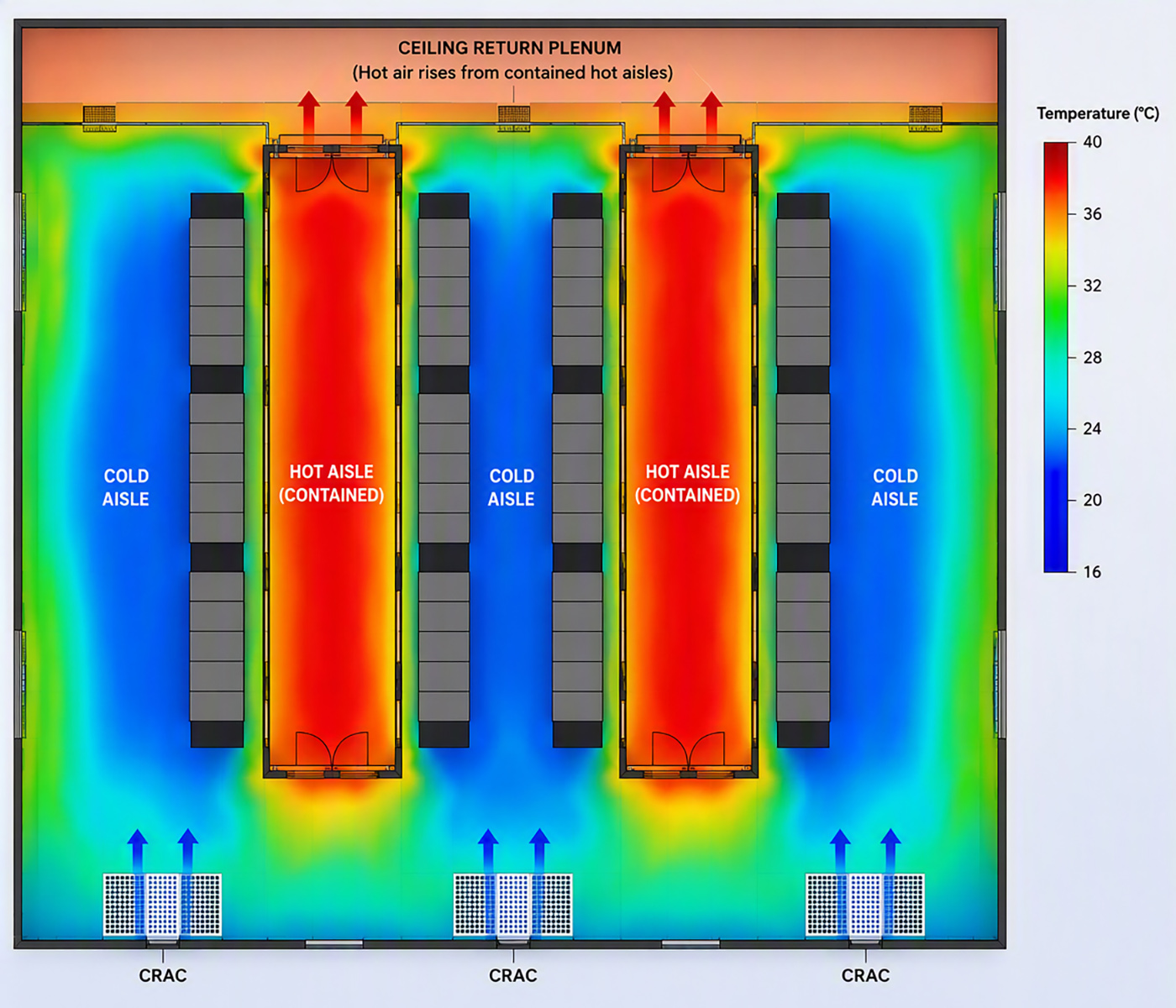 Typical hot aisle containment temperature contour mapping Typical hot aisle containment temperature contour mapping